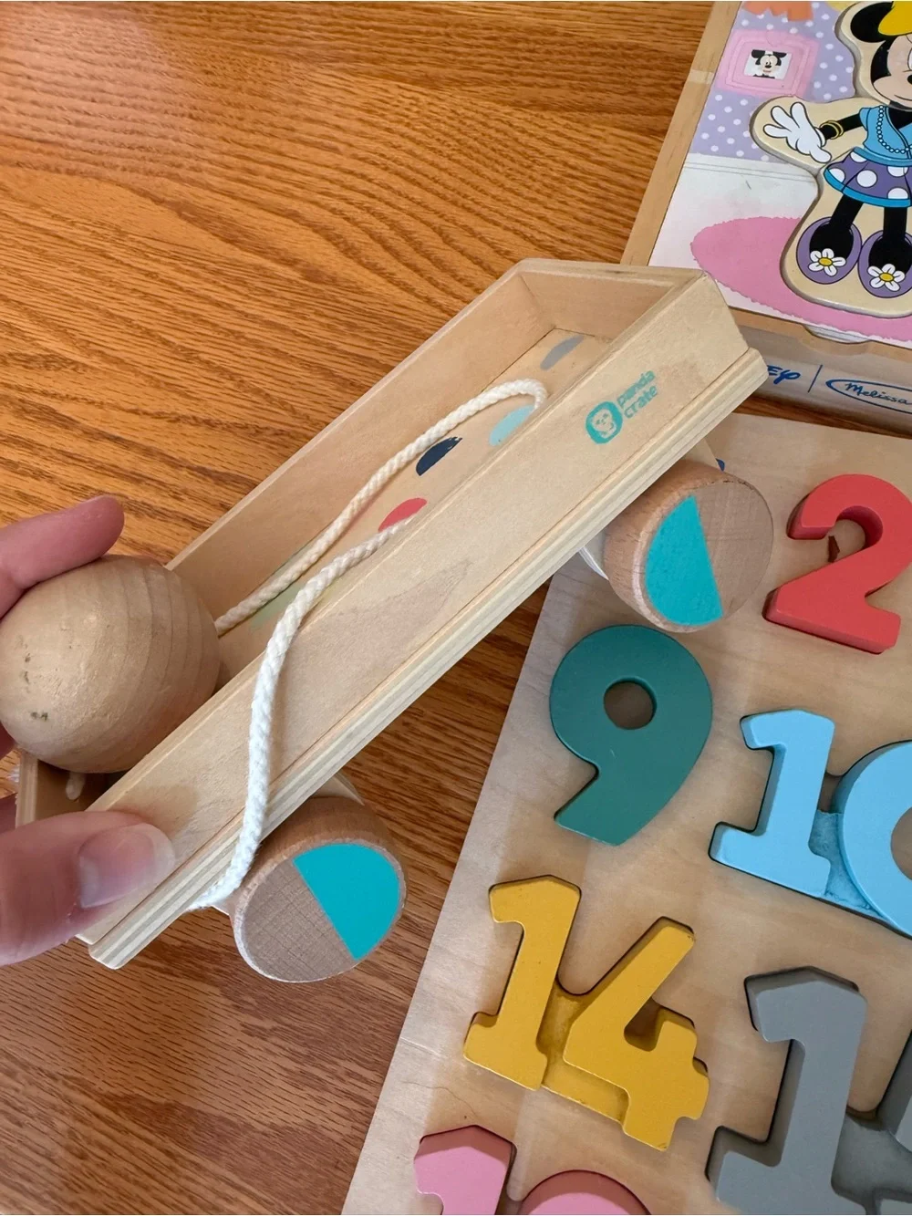 Children’s wooden toys puzzle numbers wagon stackable shapes ball toddler Minnie